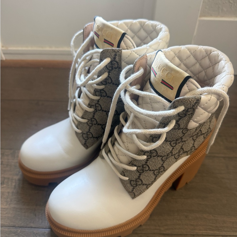 Gucci Women's White and Tan Lace-Up Boots